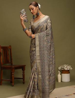 beige satin block print sarees 3