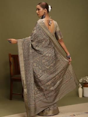 beige satin block print sarees 4