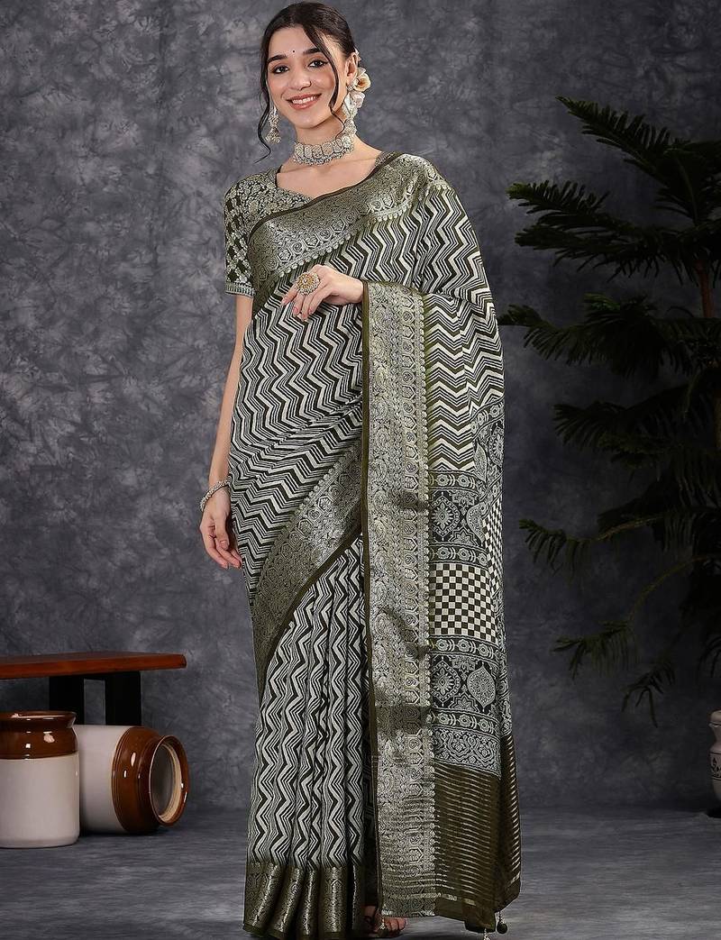 Olive women olive viscose traditional saree