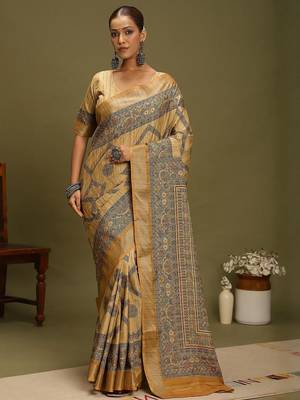 mustard satin block print sarees 1