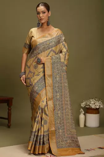 mustard satin block print sarees
