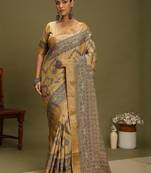 mustard satin block print sarees