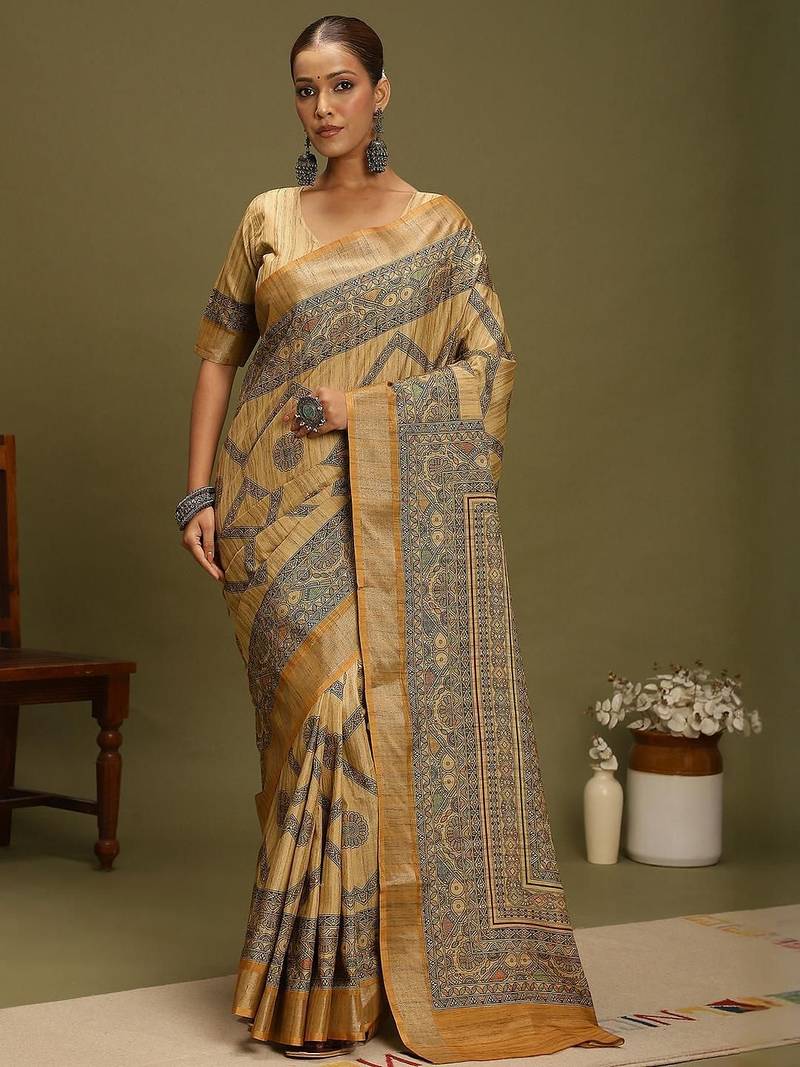 mustard satin block print sarees