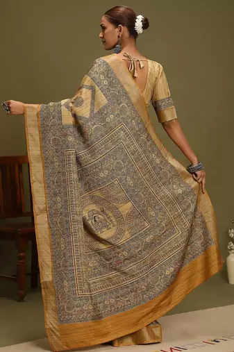 mustard satin block print sarees