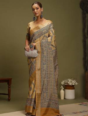 mustard satin block print sarees 3