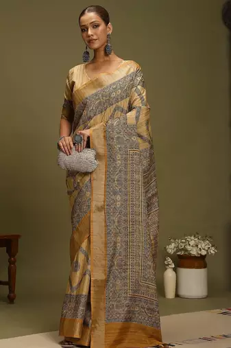 mustard satin block print sarees
