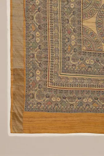 mustard satin block print sarees