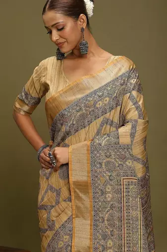 mustard satin block print sarees
