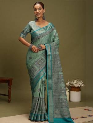 blue satin block print sarees 1