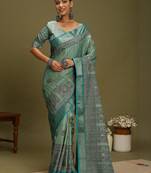 blue satin block print sarees
