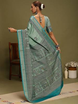 blue satin block print sarees 2