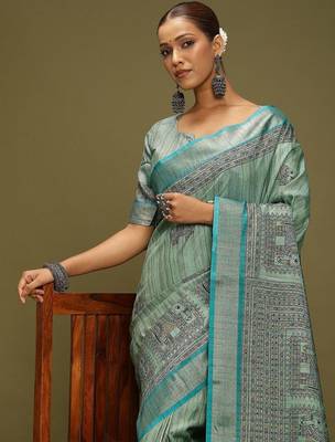 blue satin block print sarees 5