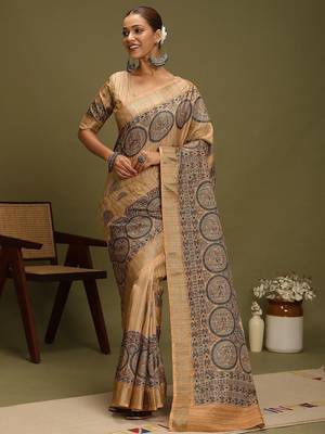 beige ethnic motifs digital print satin saree 1
