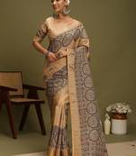 beige ethnic motifs digital print satin saree