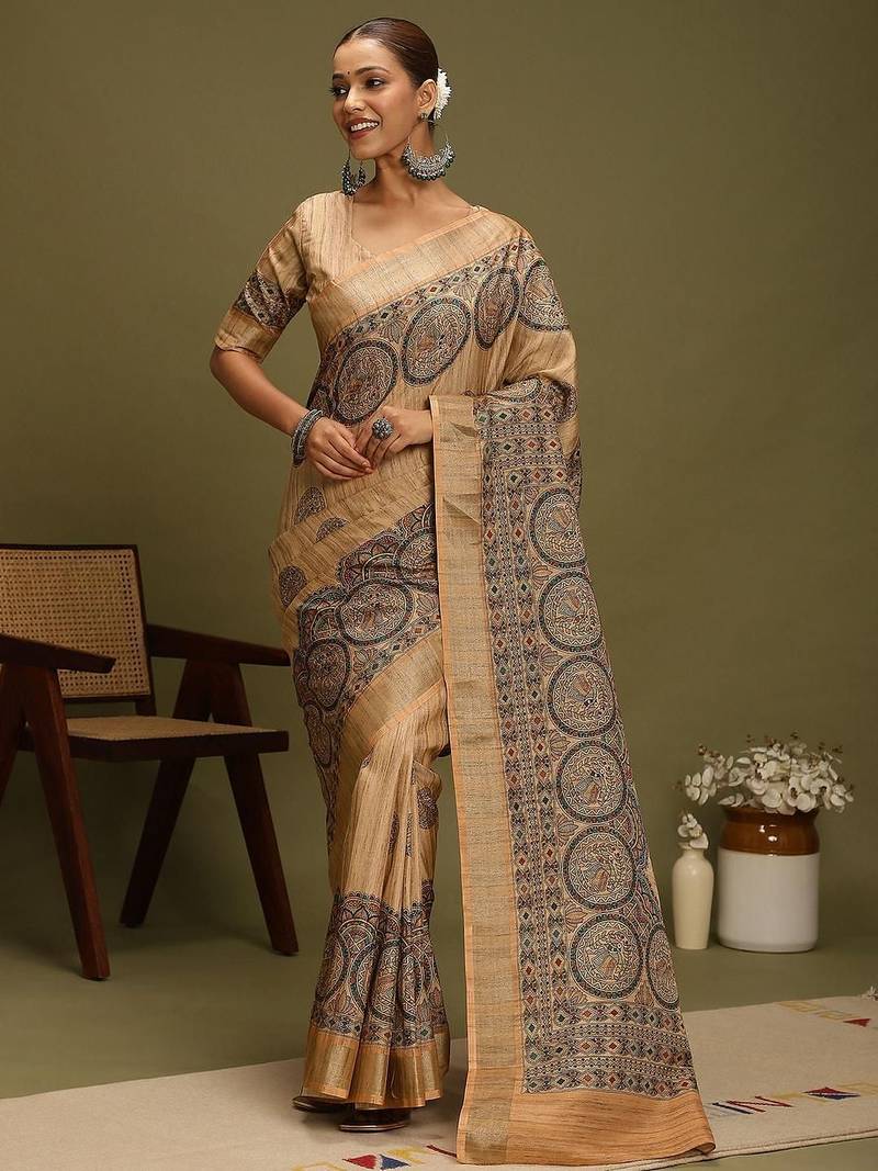 beige ethnic motifs digital print satin saree