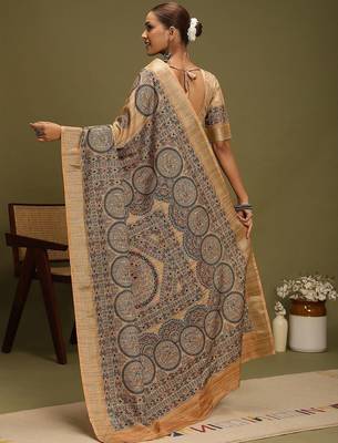 beige ethnic motifs digital print satin saree 2