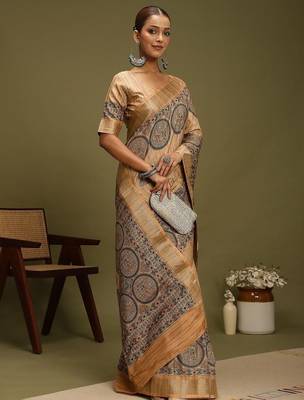 beige ethnic motifs digital print satin saree 3