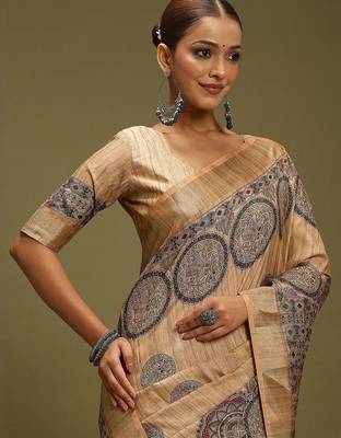 beige ethnic motifs digital print satin saree 5