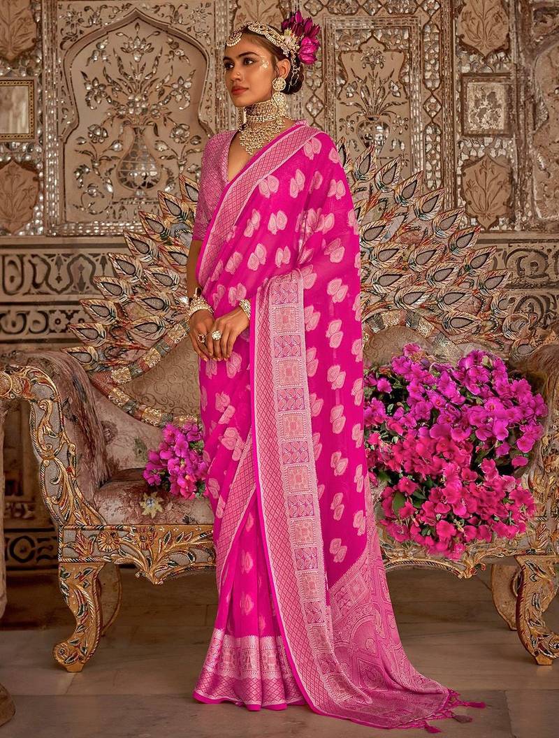pink women woven design banarasi saree