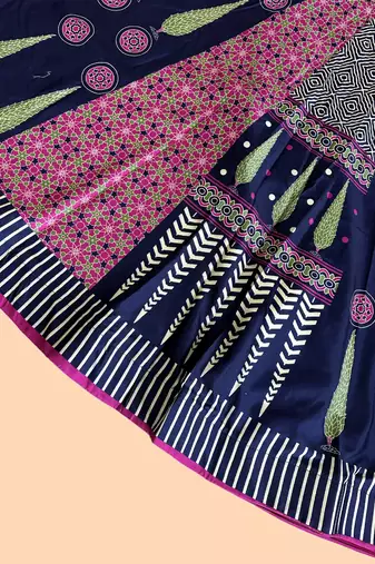 blue rayon lehenga choli with ajarakh print