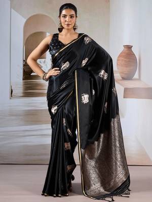 black ethnic motifs satin designer banarasi saree 1