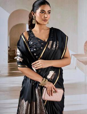 black ethnic motifs satin designer banarasi saree 2