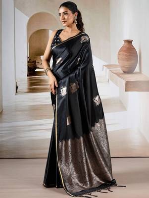black ethnic motifs satin designer banarasi saree 3