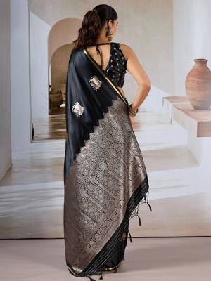 black ethnic motifs satin designer banarasi saree 4