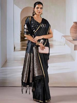 black ethnic motifs satin designer banarasi saree 5