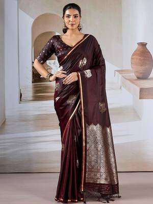 maroon ethnic motifs satin designer banarasi saree 1