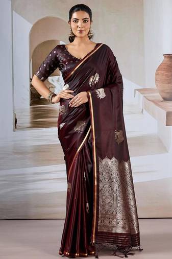 maroon ethnic motifs satin designer banarasi saree