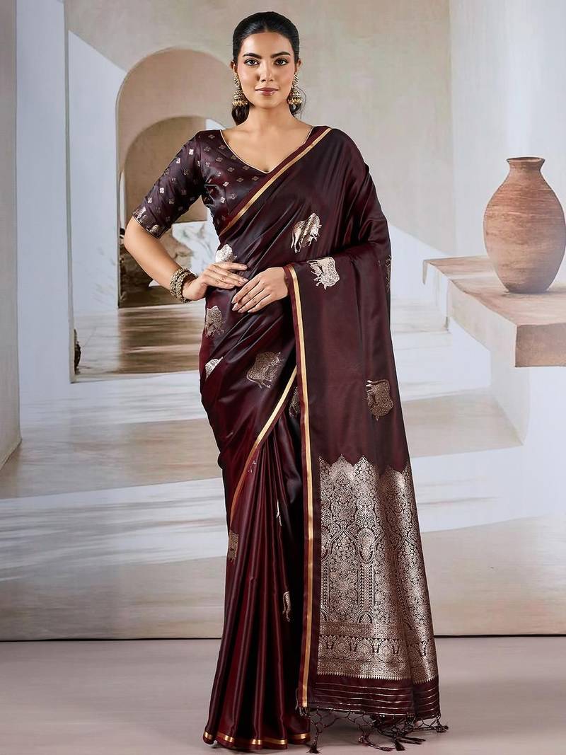 maroon ethnic motifs satin designer banarasi saree