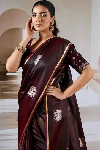 maroon ethnic motifs satin designer banarasi saree