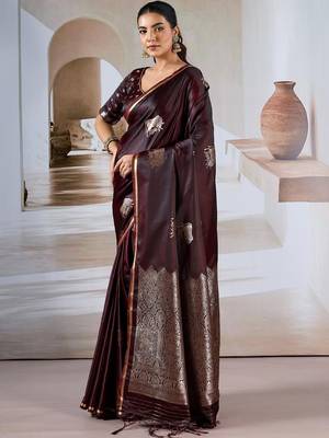 maroon ethnic motifs satin designer banarasi saree 3