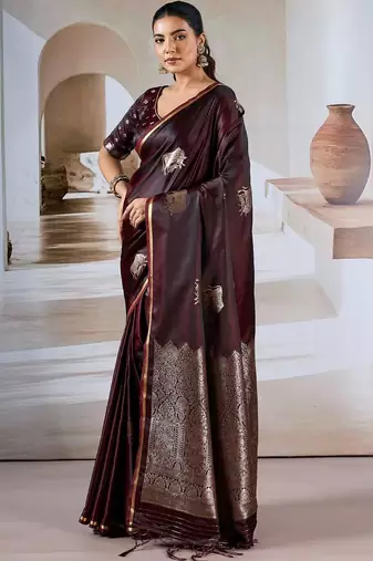 maroon ethnic motifs satin designer banarasi saree