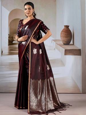 maroon ethnic motifs satin designer banarasi saree 4