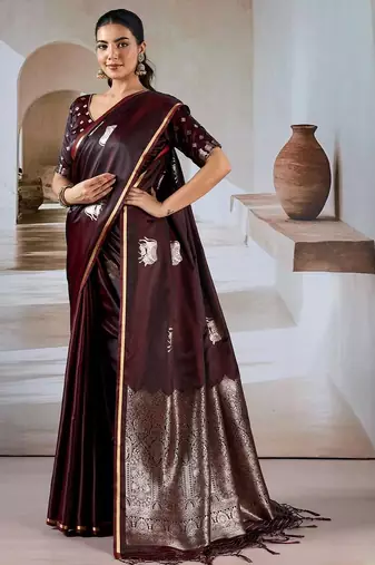 maroon ethnic motifs satin designer banarasi saree
