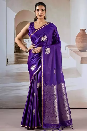 purple satin ethnic woven design party wear saree with matching blouse