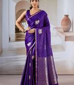 purple satin ethnic woven design party wear saree with matching blouse