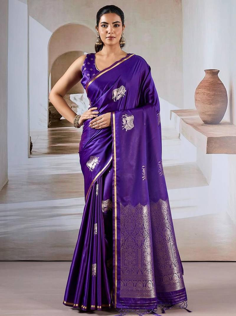purple satin ethnic woven design party wear saree with matching blouse