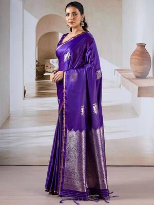 purple satin ethnic woven design party wear saree with matching blouse 2