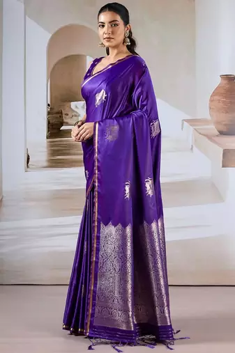 purple satin ethnic woven design party wear saree with matching blouse
