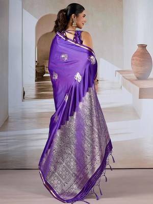 purple satin ethnic woven design party wear saree with matching blouse 3