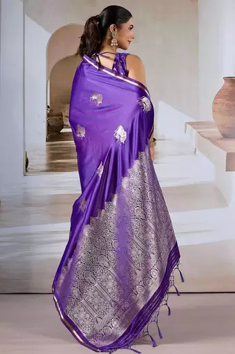 purple satin ethnic woven design party wear saree with matching blouse