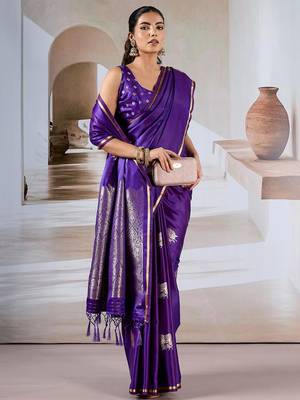 purple satin ethnic woven design party wear saree with matching blouse 4