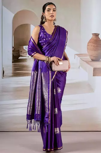 purple satin ethnic woven design party wear saree with matching blouse