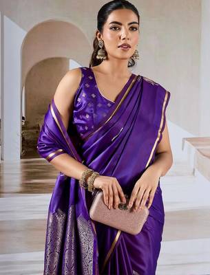 purple satin ethnic woven design party wear saree with matching blouse 5
