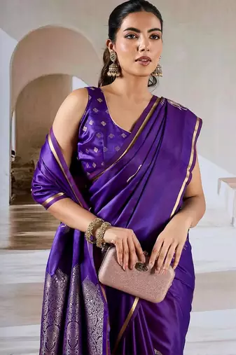 purple satin ethnic woven design party wear saree with matching blouse