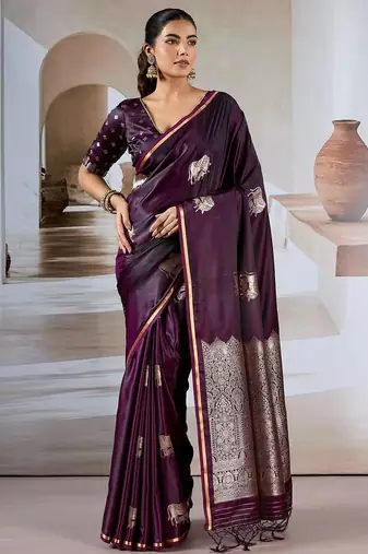 purple ethnic motifs woven design satin banarasi saree