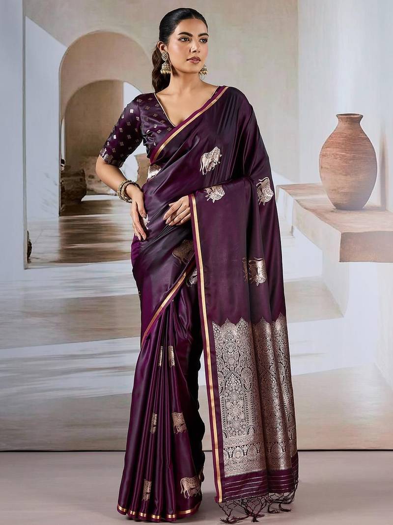 purple ethnic motifs woven design satin banarasi saree